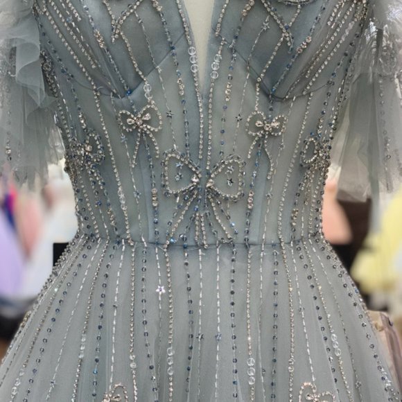 MIST COLOR PROM PARTY BEADED LACE UP CLOSURE CHARLOTTE OFF SHOULDER GOWN AL1092 - Picture 2 of 5